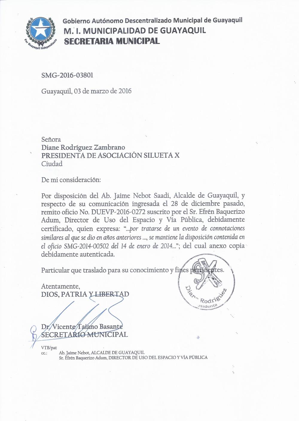 Orgullo Guayaquil - Gay Pride Guayaquil - Ecuador - Permiso Legal Marcha del Orgullo y Diversidad Sexual 2016 otorgado a la Asociación SIlueta X