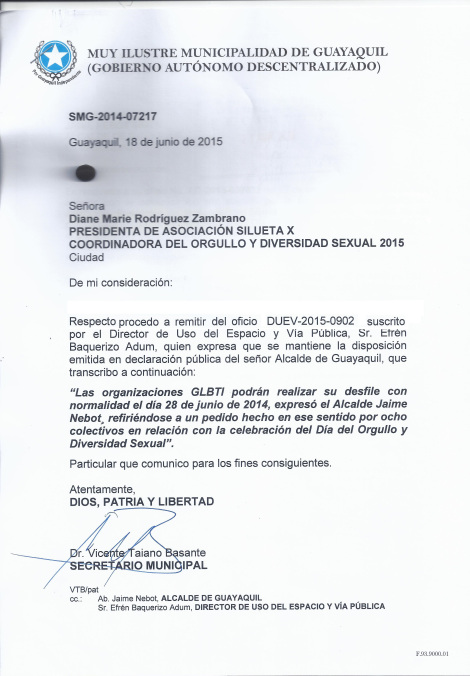 Permiso del Orgullo Guayaquil o Gay Pride Guayaquil 2015 - Asociación Silueta X - Alcaldia de Guayaquil