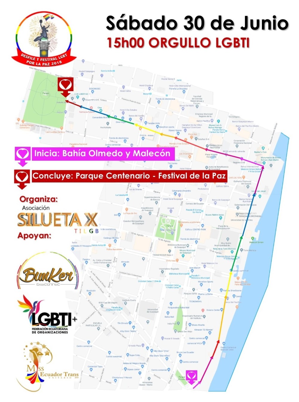 Recorrido del Orgullo y Diversidad Sexual 2018 - Orgullo Gay Ecuador - Organiza Asociación Silueta X - Apoya Federación Ecuatoriana de Organizaciones LGBTI