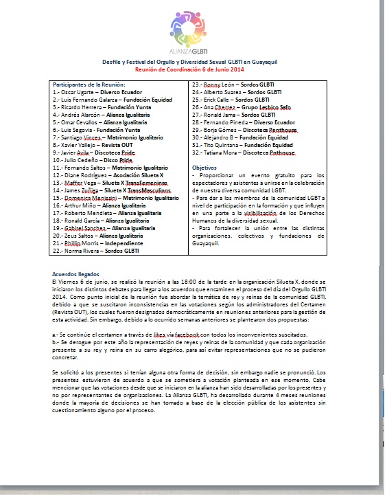 Reunión de coordinación orgullo guayaquil 2014
