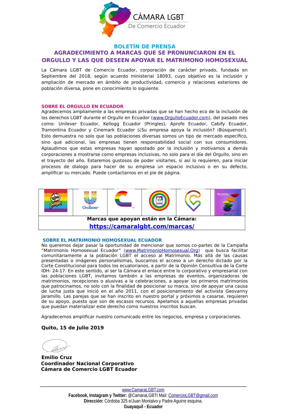 Boletín AGRADECIMIENTO A MARCAS QUE SE PRONUNCIARON EN EL ORGULLO Y LAS QUE DESEEN APOYAR EL MATRIMONO HOMOSEXUAL - Cámara LGBT de Ecuador-1