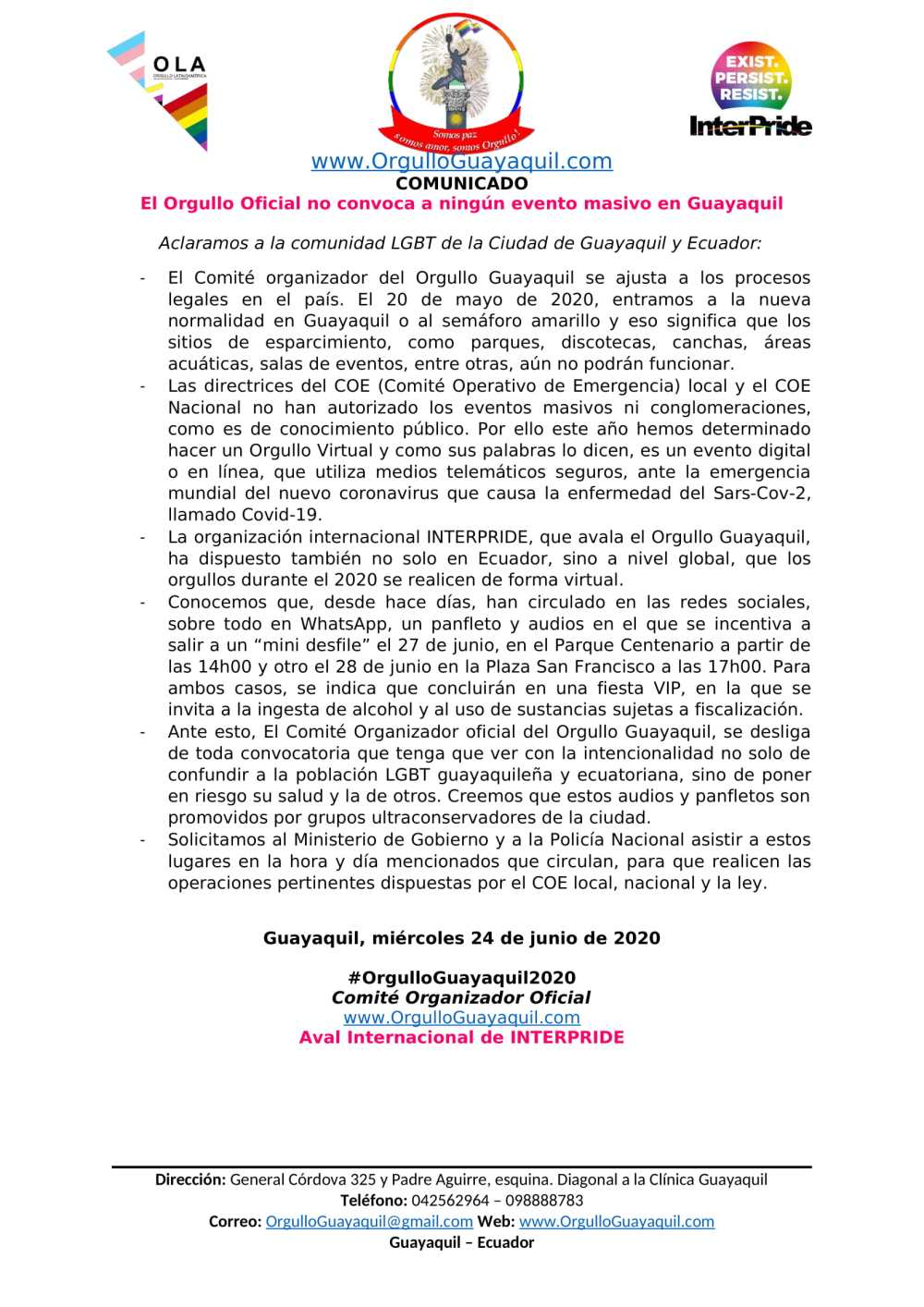 Comunicado - El Orgullo Oficial no convoca a ningún evento masivo en Guayaquil - Orgullo Guayaquil-1