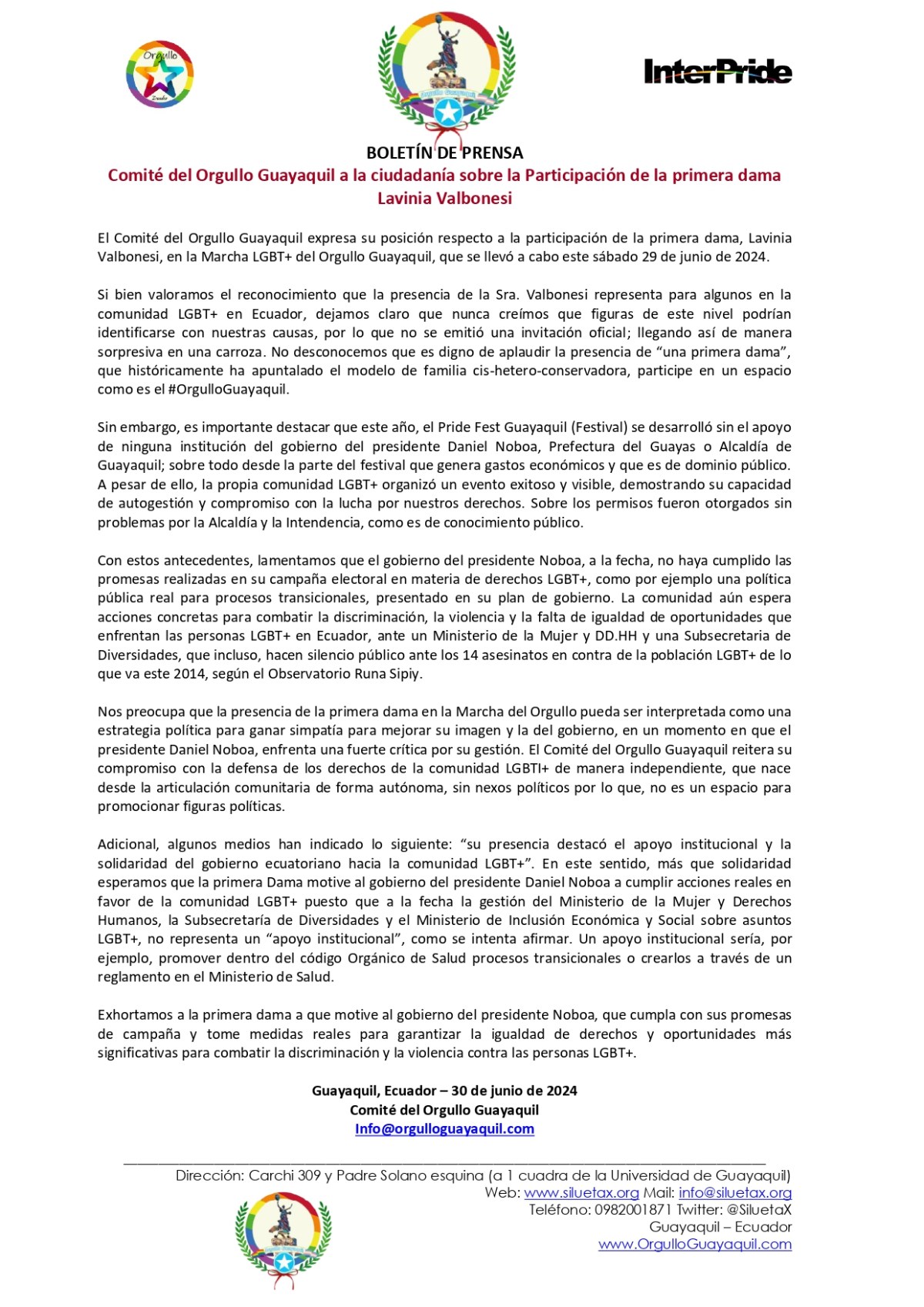 Comité del Orgullo Guayaquil a la ciudadanía sobre la Participación de la primera dama Lavinia Valbonesi